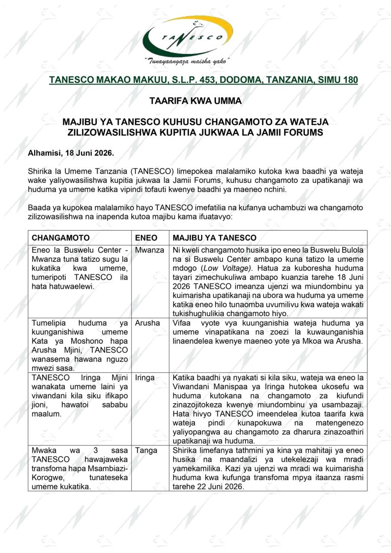 TANESCO YATOLEA UFAFANUZI CHANGAMOTO ZILIZOWASILISHWA NA WATEJA KUPITIA JAMII FORUM